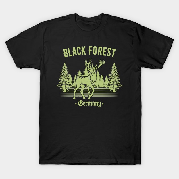 Black Forest Germany Deer with Trees Swabia T-Shirt by Foxxy Merch